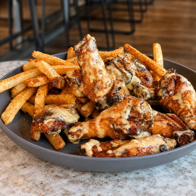 Spicy Garlic Parm Wings & Fries.